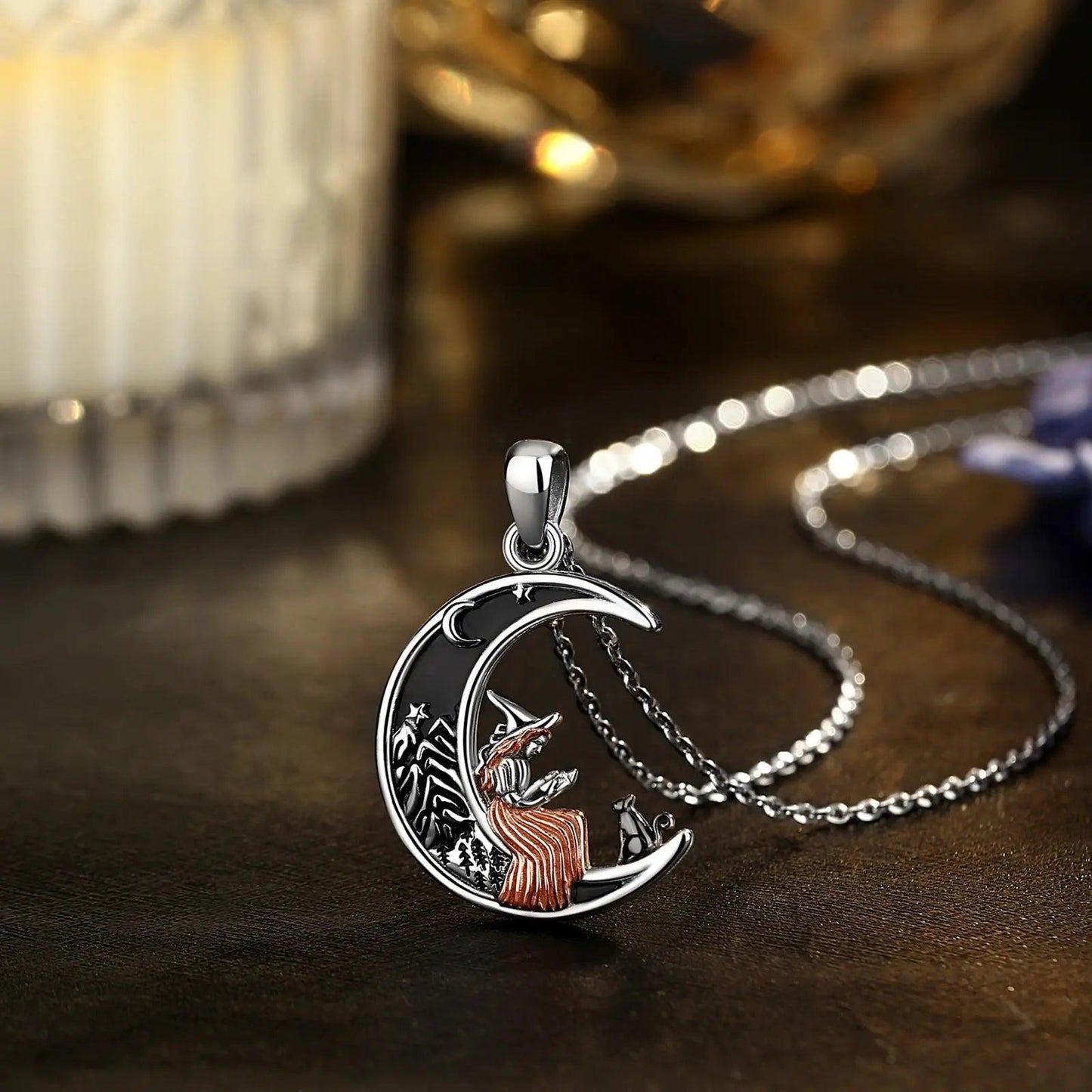 925 Sterling Silver Crescent Moon Cat Witch Pendant Necklace Wicca Pagan Jewelry for Halloween-MoonChildWorld