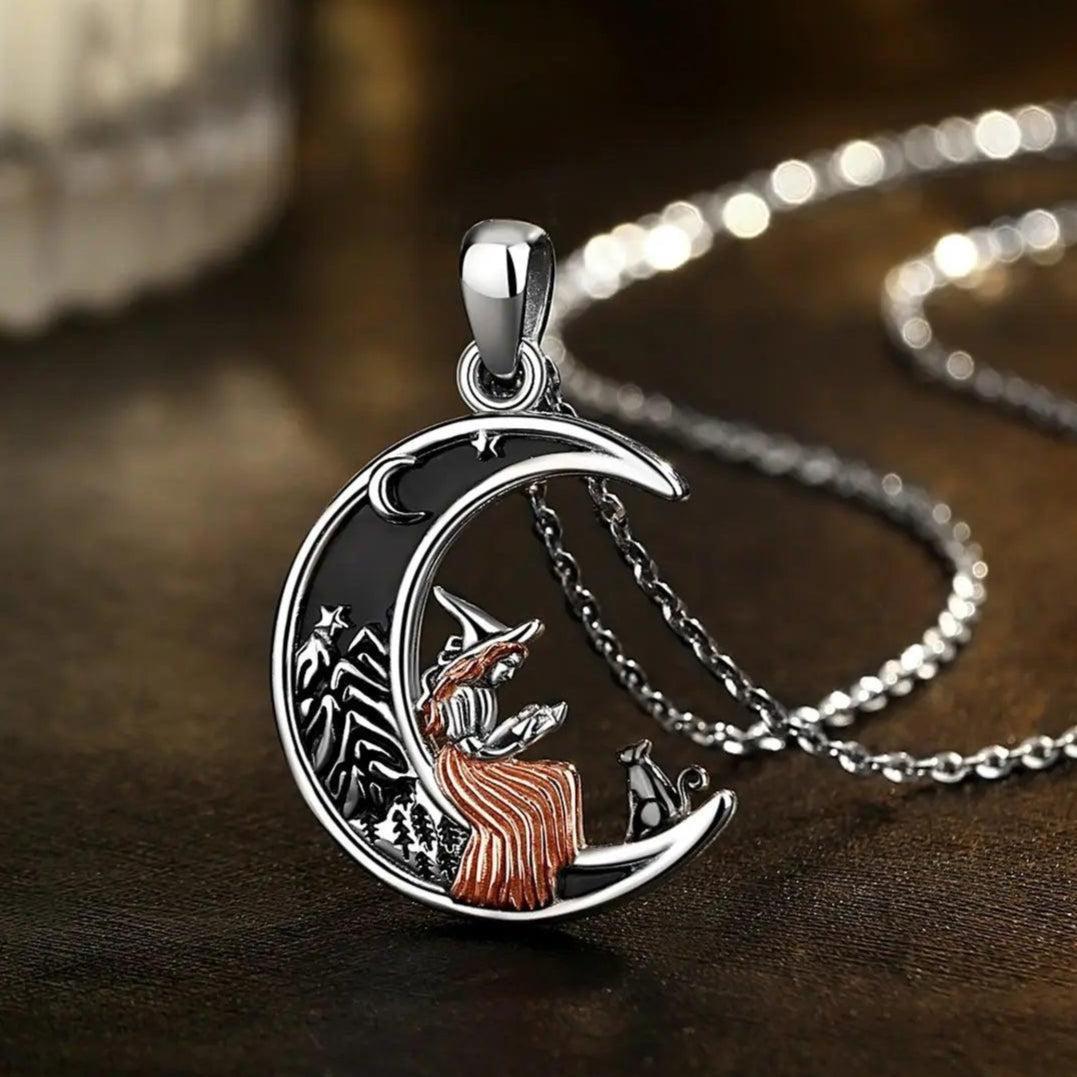 925 Sterling Silver Crescent Moon Cat Witch Pendant Necklace Wicca Pagan Jewelry for Halloween-MoonChildWorld