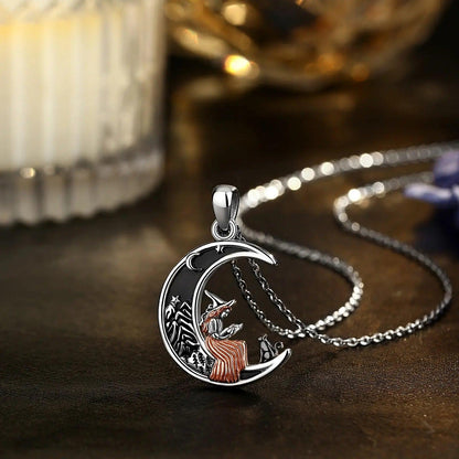 925 Sterling Silver Crescent Moon Cat Witch Pendant Necklace Wicca Pagan Jewelry for Halloween-MoonChildWorld