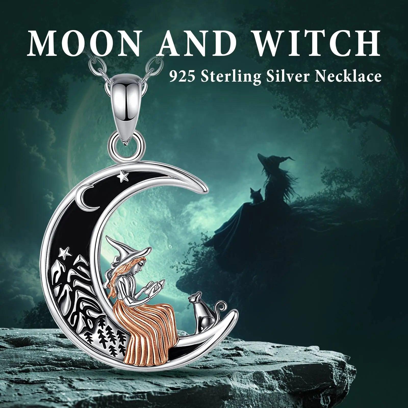 925 Sterling Silver Crescent Moon Cat Witch Pendant Necklace Wicca Pagan Jewelry for Halloween-MoonChildWorld