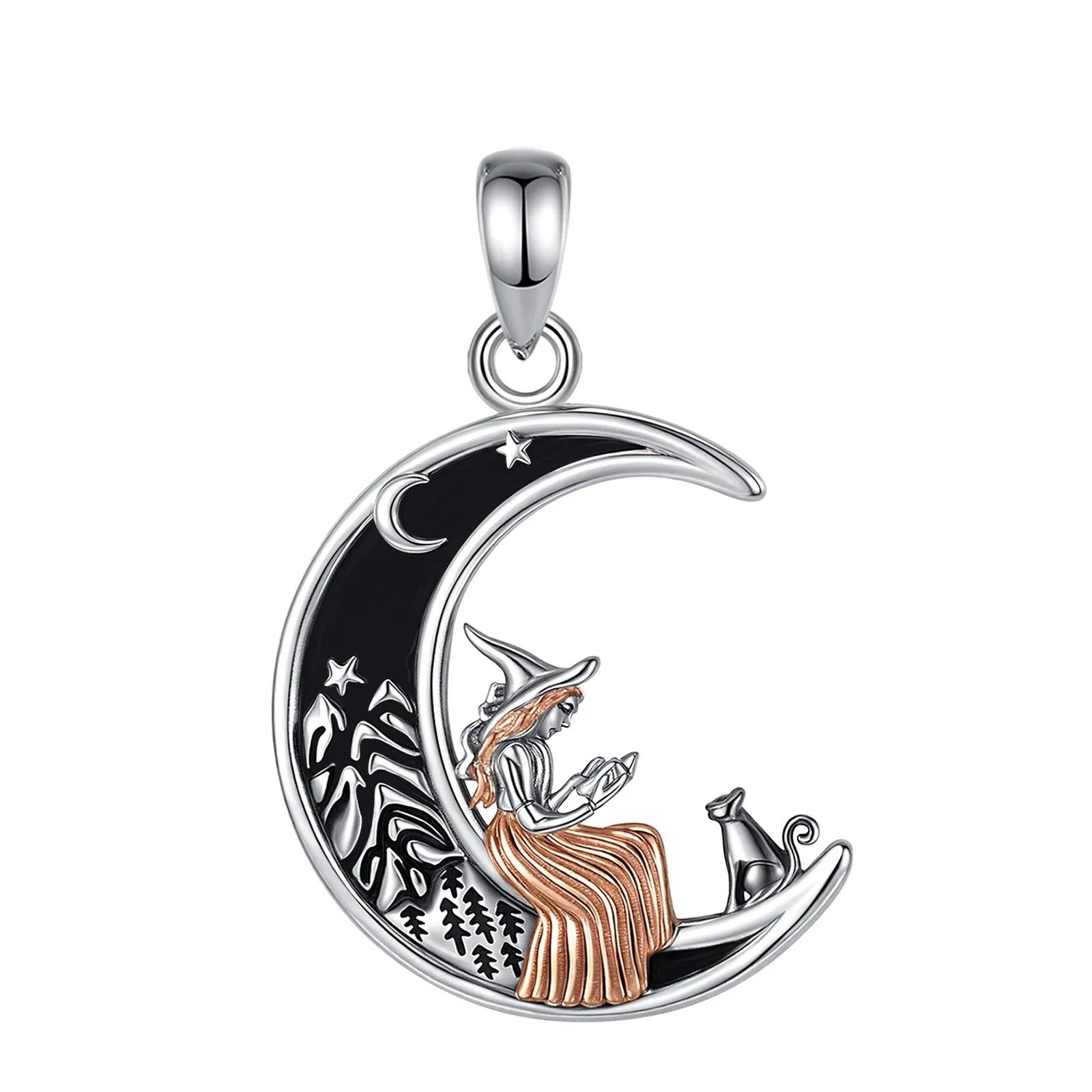 925 Sterling Silver Crescent Moon Cat Witch Pendant Necklace Wicca Pagan Jewelry for Halloween-MoonChildWorld