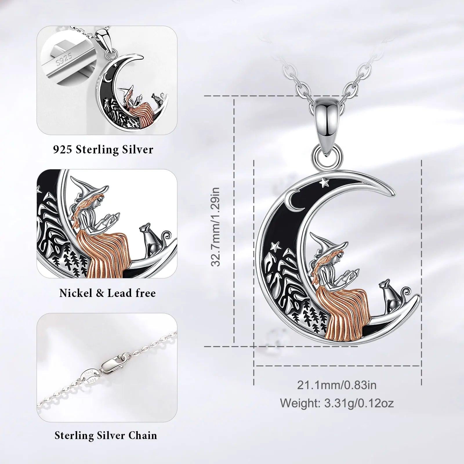 925 Sterling Silver Crescent Moon Cat Witch Pendant Necklace Wicca Pagan Jewelry for Halloween-MoonChildWorld