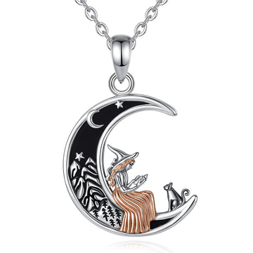 925 Sterling Silver Crescent Moon Cat Witch Pendant Necklace Wicca Pagan Jewelry for Halloween-MoonChildWorld