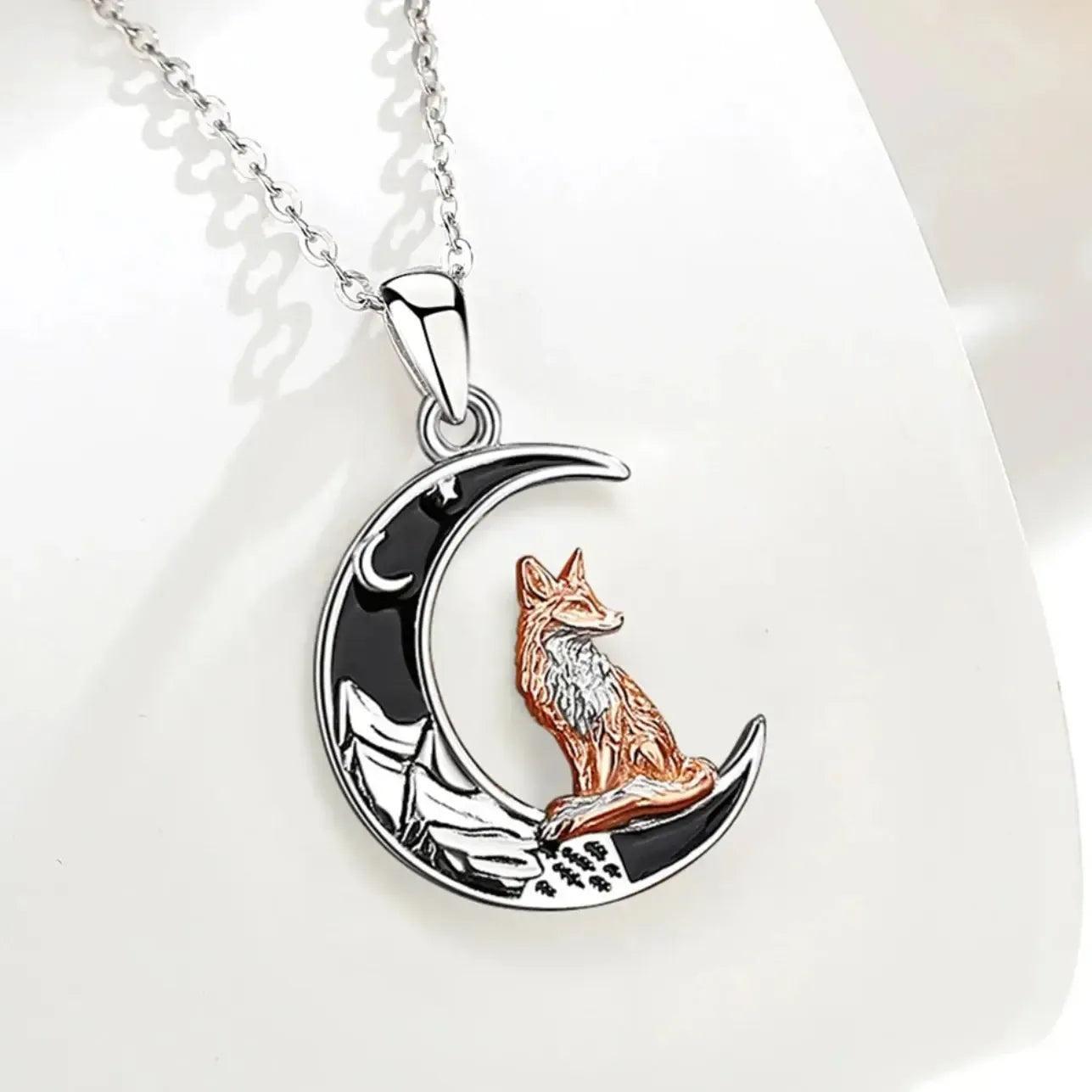 925 Sterling Silver Crescent Moon Fox Necklace Wicca Pagan Jewelry-MoonChildWorld