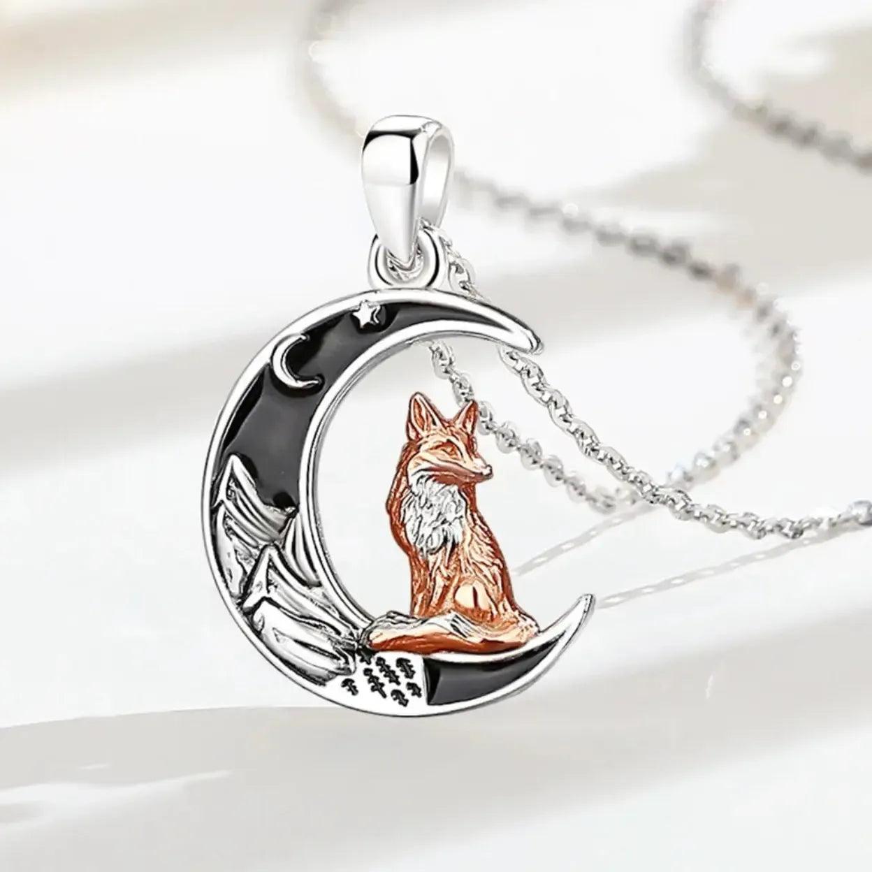 925 Sterling Silver Crescent Moon Fox Necklace Wicca Pagan Jewelry-MoonChildWorld