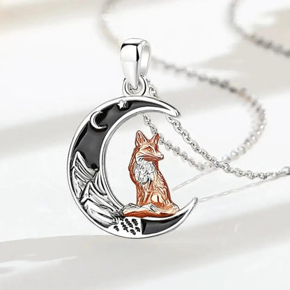 925 Sterling Silver Crescent Moon Fox Necklace Wicca Pagan Jewelry-MoonChildWorld