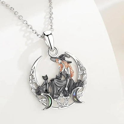 925 Sterling Silver Crescent Moon Witch Black Cat Necklace - Wicca Pentagram Triple Moon Pendant Witch Jewelry-MoonChildWorld