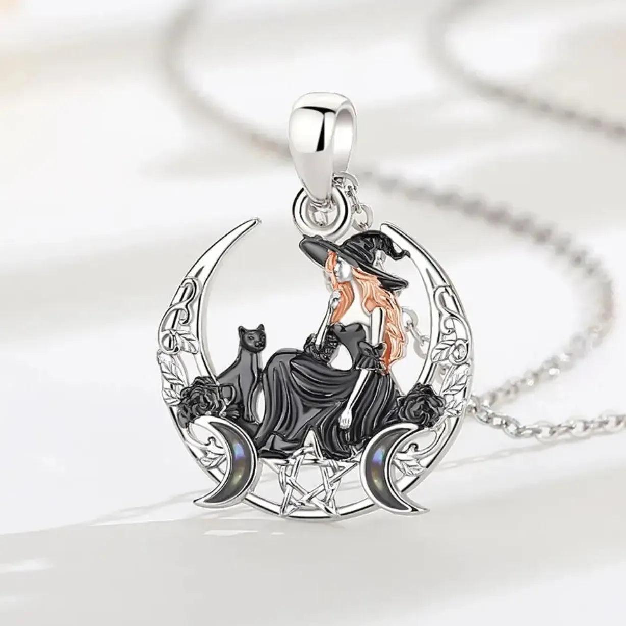 925 Sterling Silver Crescent Moon Witch Black Cat Necklace - Wicca Pentagram Triple Moon Pendant Witch Jewelry-MoonChildWorld