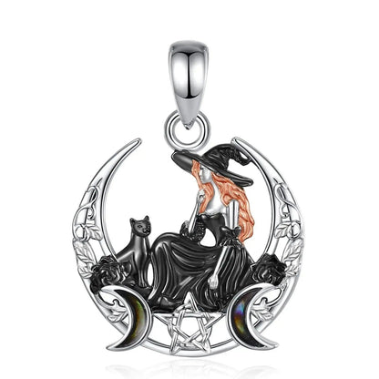 925 Sterling Silver Crescent Moon Witch Black Cat Necklace - Wicca Pentagram Triple Moon Pendant Witch Jewelry-MoonChildWorld