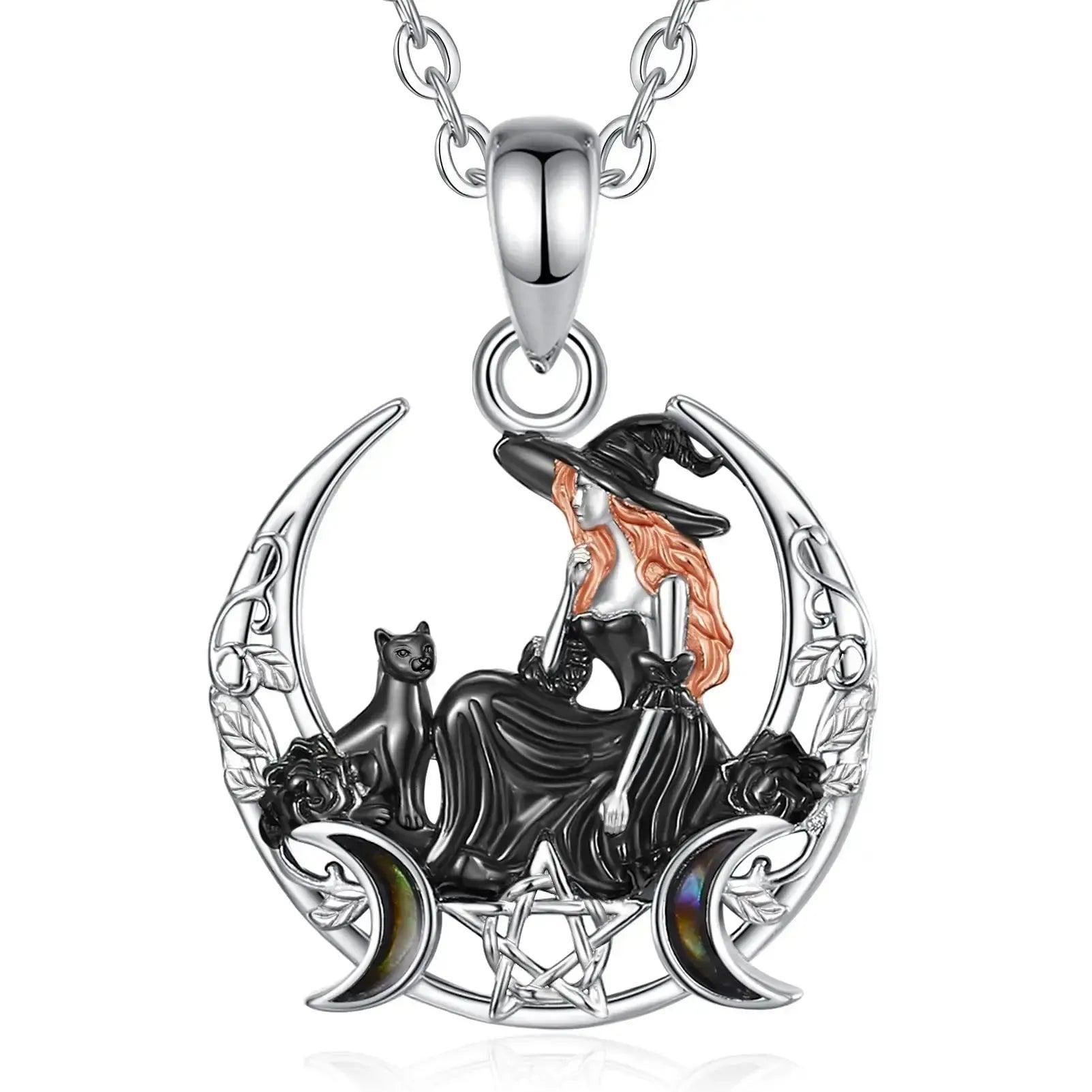 925 Sterling Silver Crescent Moon Witch Black Cat Necklace - Wicca Pentagram Triple Moon Pendant Witch Jewelry-MoonChildWorld