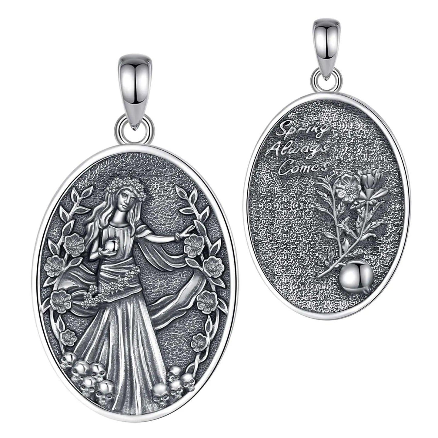 925 sterling silver oval Persephone pendant with skull and pomegranate details, front and back views.