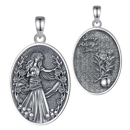 925 sterling silver oval Persephone pendant with skull and pomegranate details, front and back views.
