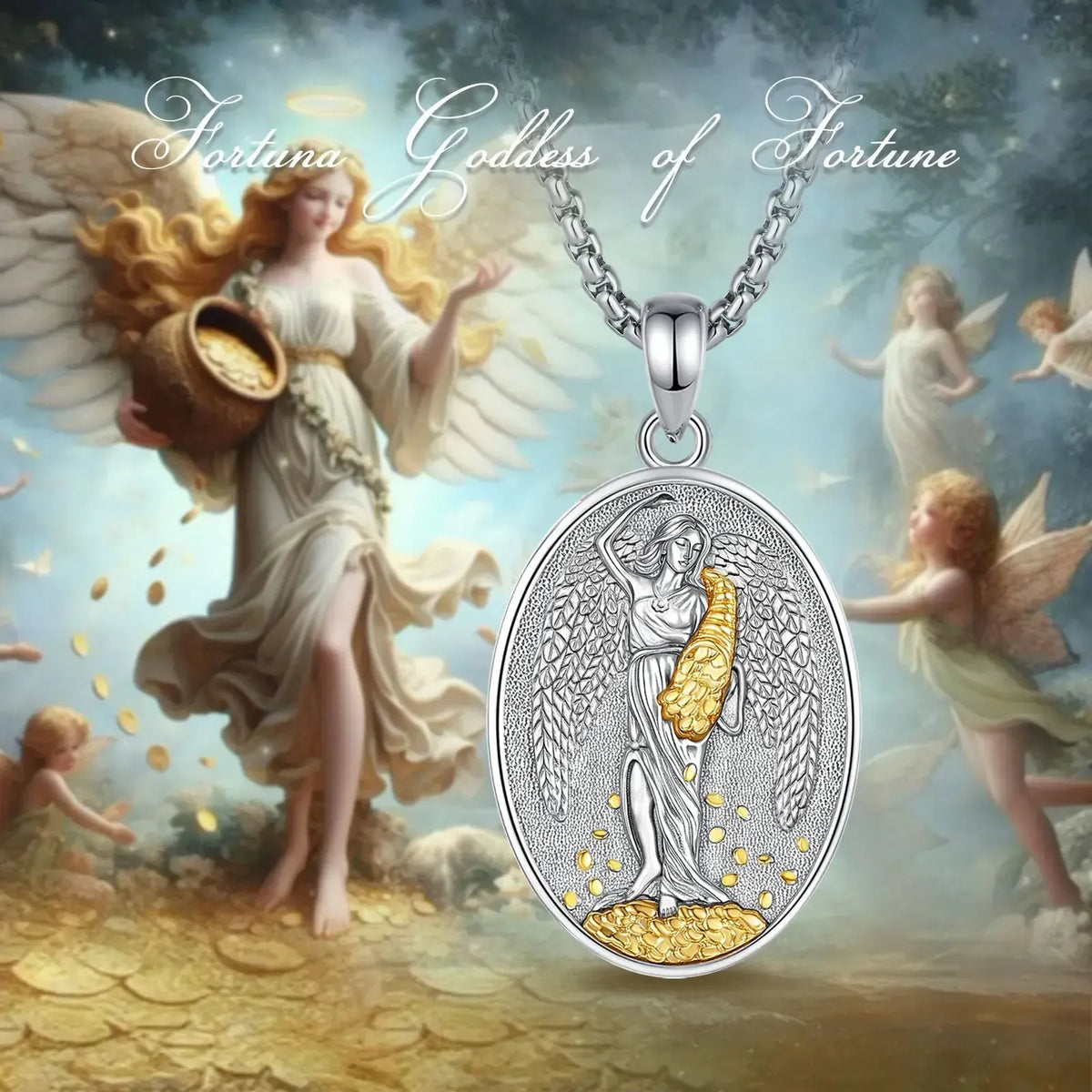 Silver and gold oval pendant necklace featuring a winged goddess figure holding a gold cornucopia, shown against a fantasy background of angels and gold coins with the text 'Fortuna Goddess of Fortune'.