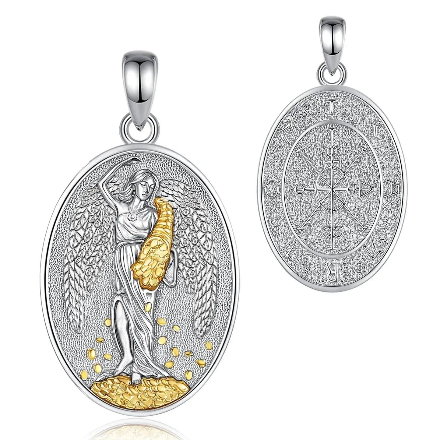 925 sterling silver oval pendant with winged Goddess of Fortune pouring golden coins; textured back with compass design.