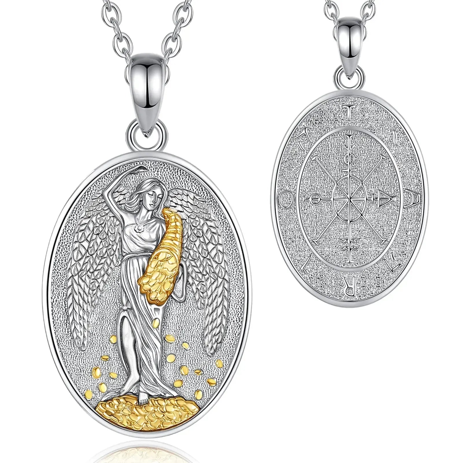 Two views of an oval silver pendant necklace on a white background. The left view shows the front with a silver angel figure holding a golden textured object, and the right view shows the reverse side with an engraved circular design.