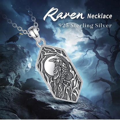 925 Sterling Silver Gothic Raven Necklace Viking Moon Crow Pendant Witch Amulet Nordic Mythological Jewelry-MoonChildWorld