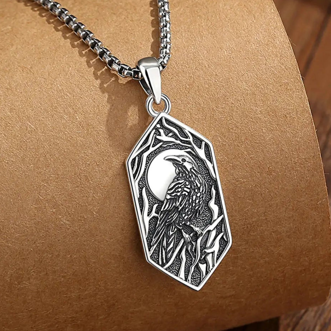 925 Sterling Silver Gothic Raven Necklace Viking Moon Crow Pendant Witch Amulet Nordic Mythological Jewelry-MoonChildWorld