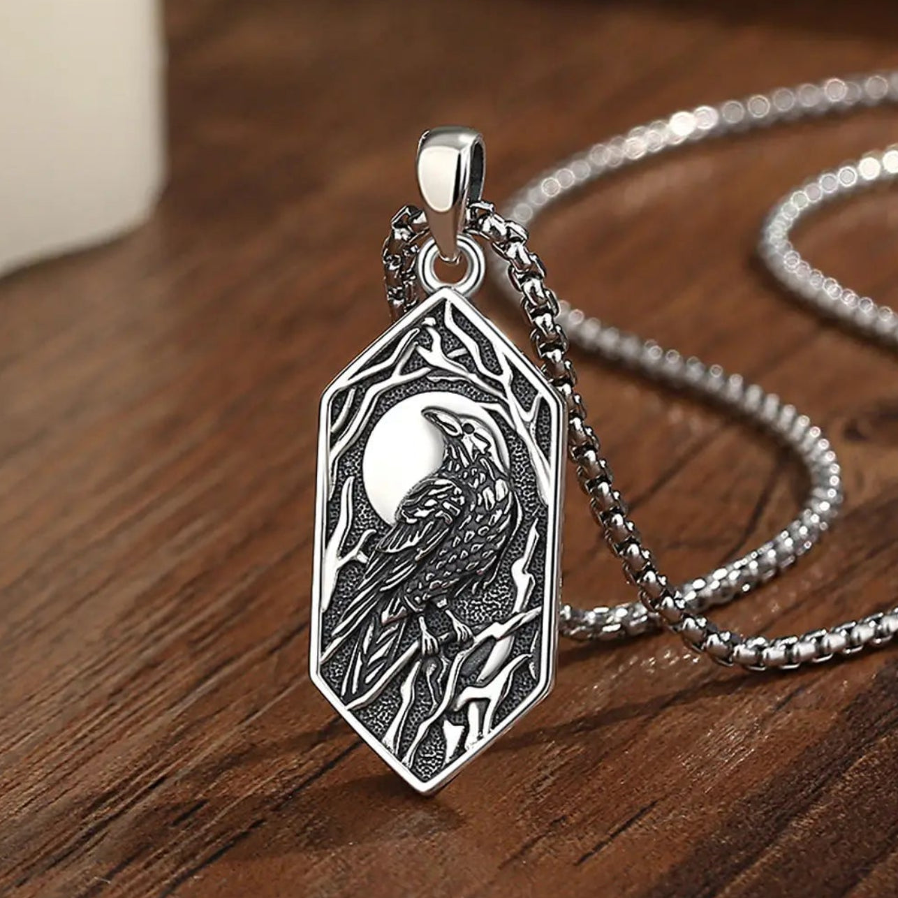 925 Sterling Silver Gothic Raven Necklace Viking Moon Crow Pendant Witch Amulet Nordic Mythological Jewelry-MoonChildWorld