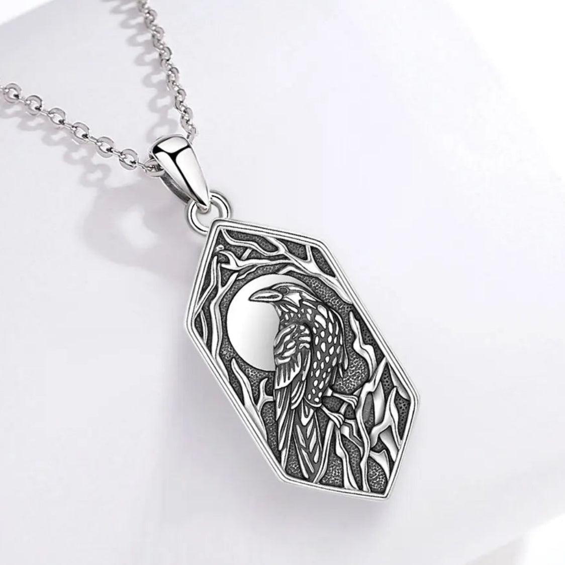 925 Sterling Silver Gothic Raven Necklace Viking Moon Crow Pendant Witch Amulet Nordic Mythological Jewelry-MoonChildWorld