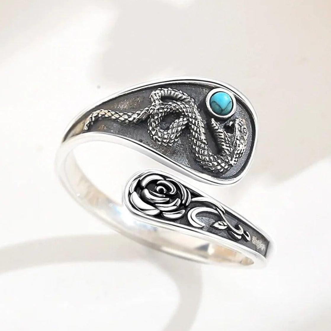 925 Sterling Silver Gothic Snake Ring - Witchy Turquoise Adjustable Ring Witch Jewelry-MoonChildWorld