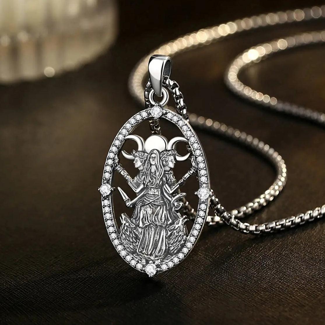 925 Sterling Silver Hecate Goddess Necklace - Wicca Triple Moon Goddess Necklace Witch Jewelry-MoonChildWorld