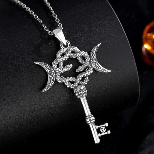 925 Sterling Silver Hecate Snake Key Necklace Triple Moon Goddess Pendant Witch Amulet Spiritual Jewelry-MoonChildWorld
