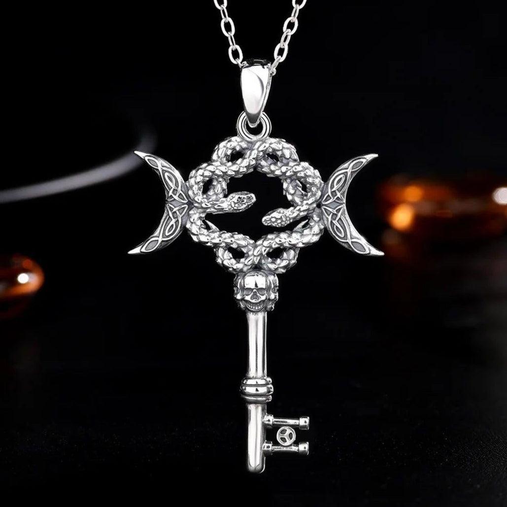 925 Sterling Silver Hecate Snake Key Necklace Triple Moon Goddess Pendant Witch Amulet Spiritual Jewelry-MoonChildWorld