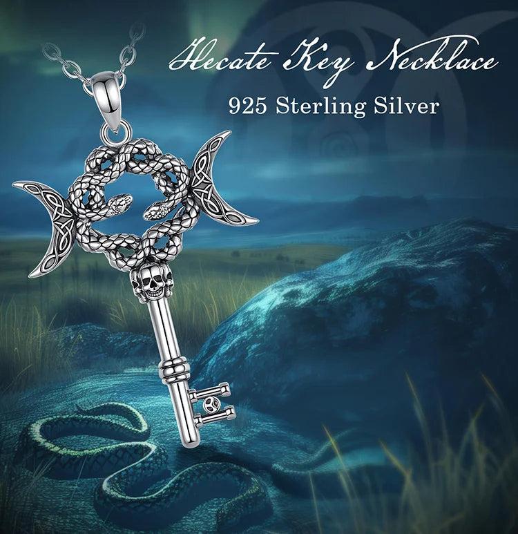 925 Sterling Silver Hecate Snake Key Necklace Triple Moon Goddess Pendant Witch Amulet Spiritual Jewelry-MoonChildWorld