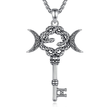 925 Sterling Silver Hecate Snake Key Necklace Triple Moon Goddess Pendant Witch Amulet Spiritual Jewelry-MoonChildWorld