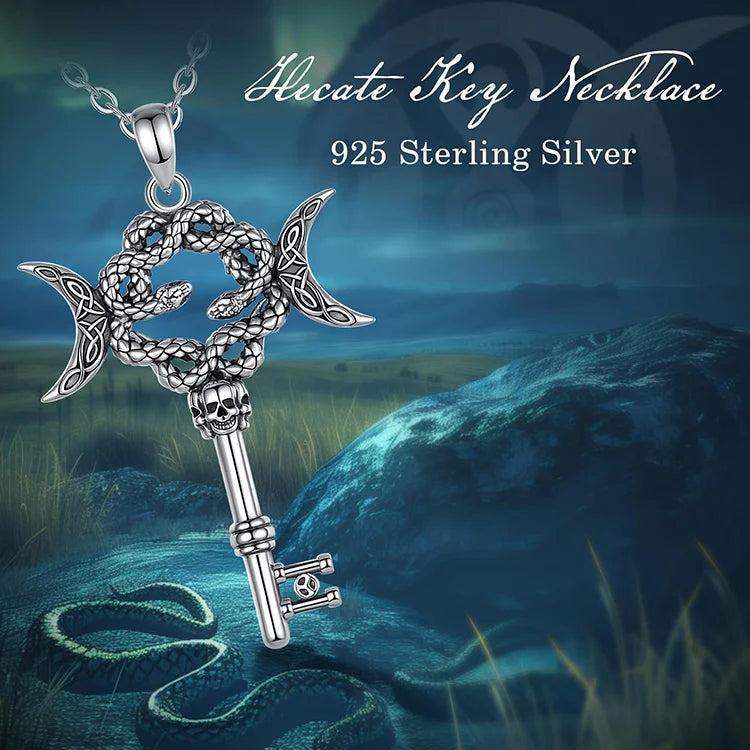 925 Sterling Silver Hecate Snake Key Necklace Triple Moon Pendant Witch Amulet Spiritual Jewelry-MoonChildWorld