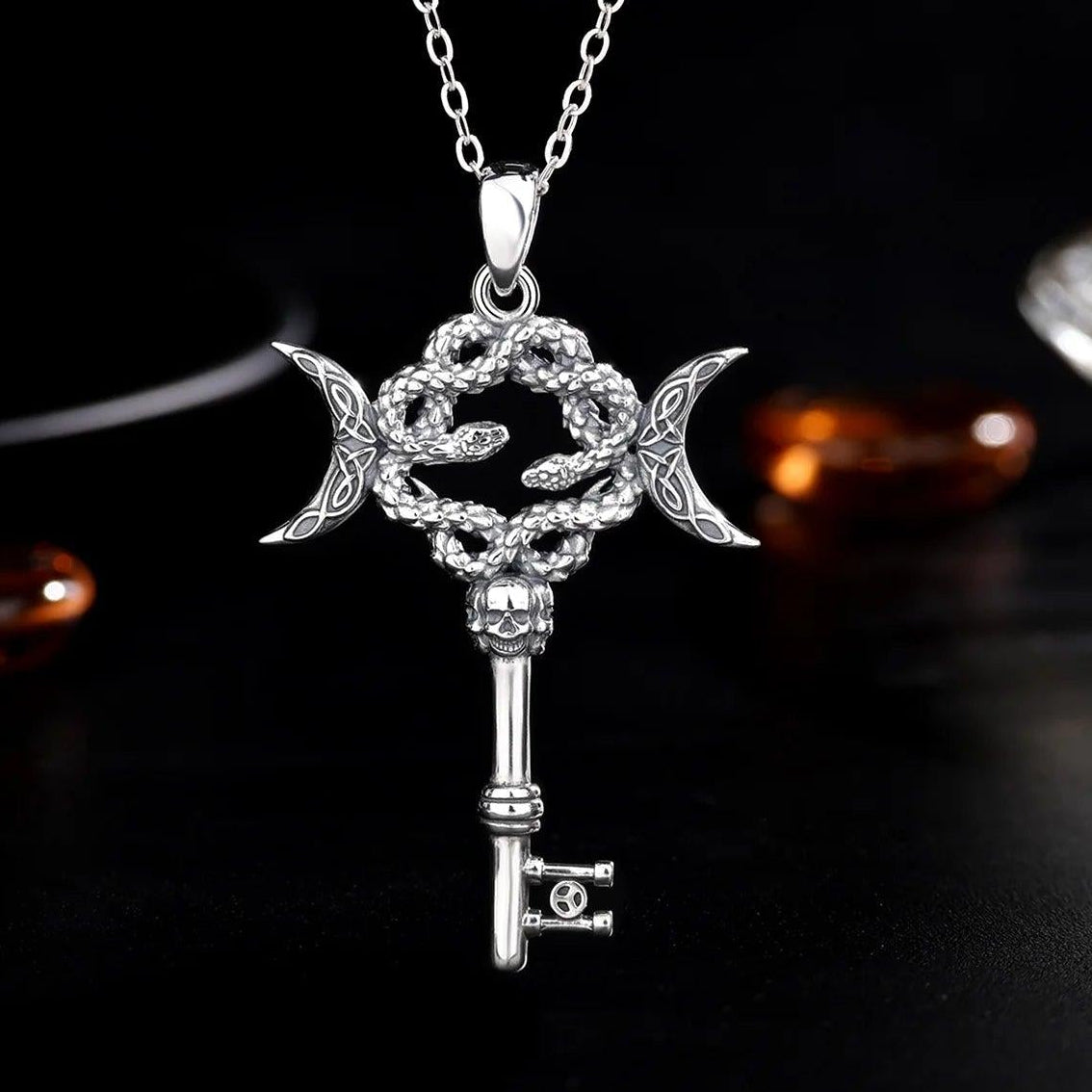 925 Sterling Silver Hecate Snake Key Necklace Triple Moon Pendant Witch Amulet Spiritual Jewelry-MoonChildWorld