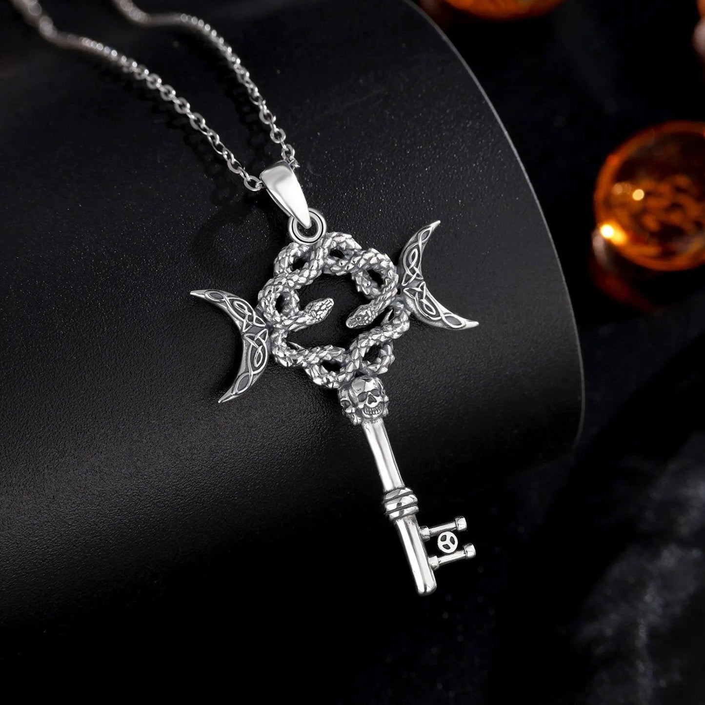 925 Sterling Silver Hecate Snake Key Necklace Triple Moon Pendant Witch Amulet Spiritual Jewelry-MoonChildWorld