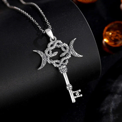 925 Sterling Silver Hecate Snake Key Necklace Triple Moon Pendant Witch Amulet Spiritual Jewelry-MoonChildWorld