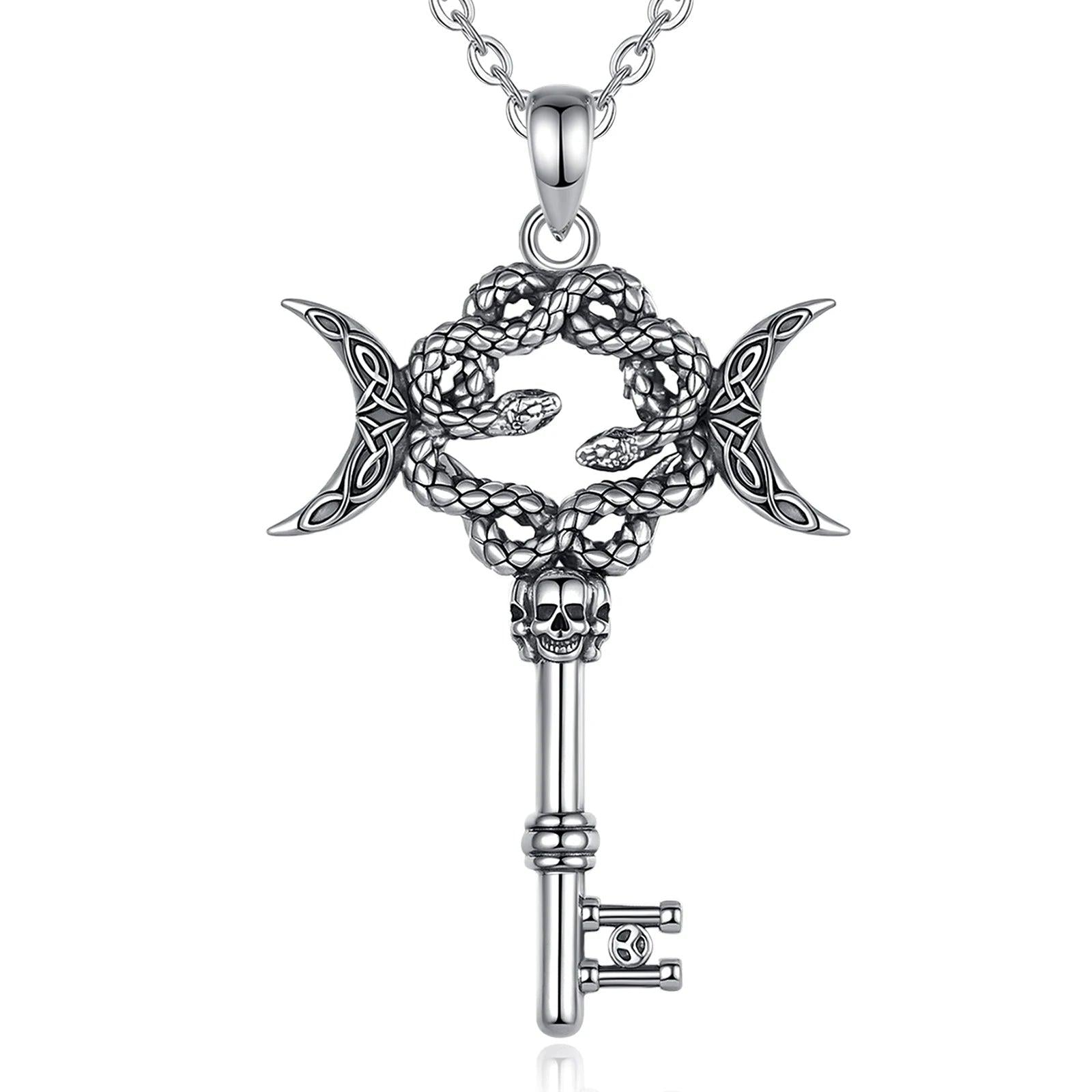 925 Sterling Silver Hecate Snake Key Necklace Triple Moon Pendant Witch Amulet Spiritual Jewelry-MoonChildWorld