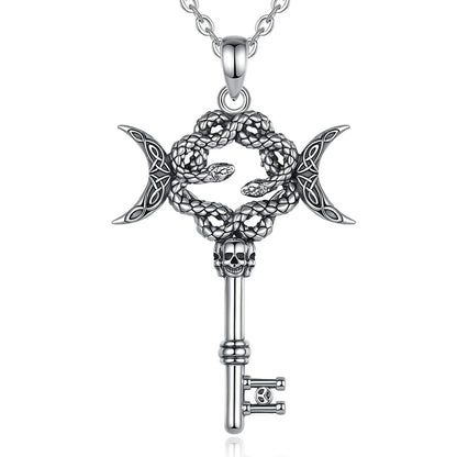 925 Sterling Silver Hecate Snake Key Necklace Triple Moon Pendant Witch Amulet Spiritual Jewelry-MoonChildWorld