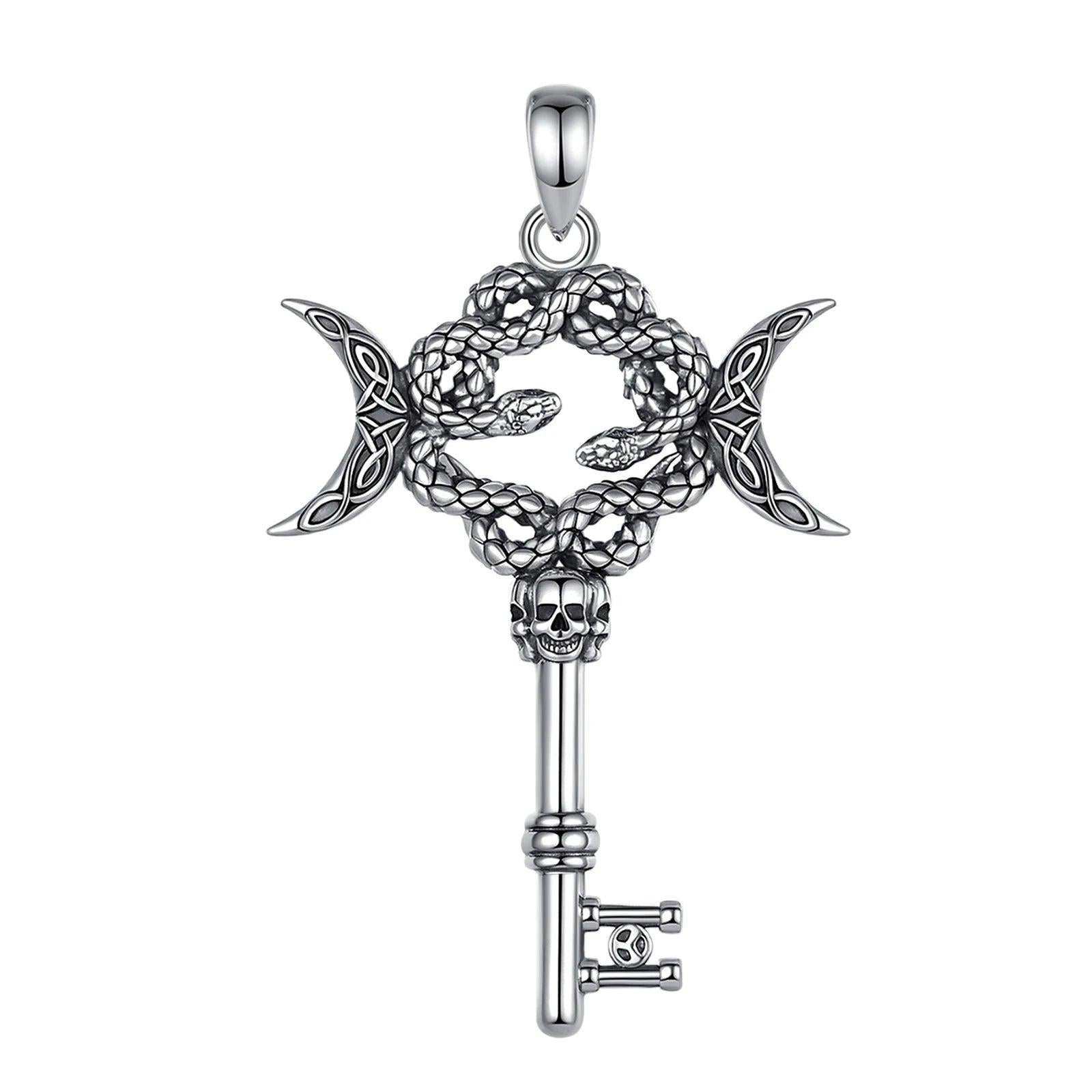 925 Sterling Silver Hecate Snake Key Necklace Triple Moon Pendant Witch Amulet Spiritual Jewelry-MoonChildWorld