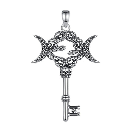 925 Sterling Silver Hecate Snake Key Necklace Triple Moon Pendant Witch Amulet Spiritual Jewelry-MoonChildWorld