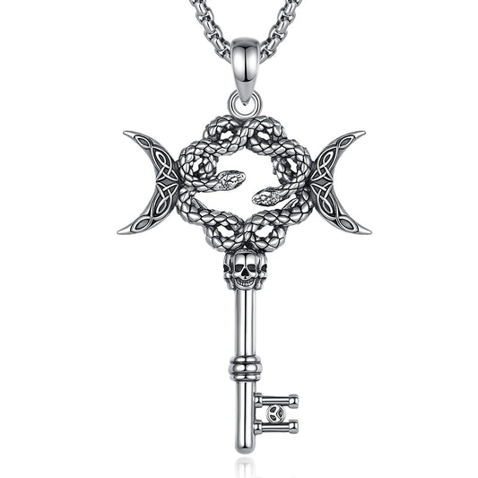 925 Sterling Silver Hecate Snake Key Necklace Triple Moon Pendant Witch Amulet Spiritual Jewelry-MoonChildWorld