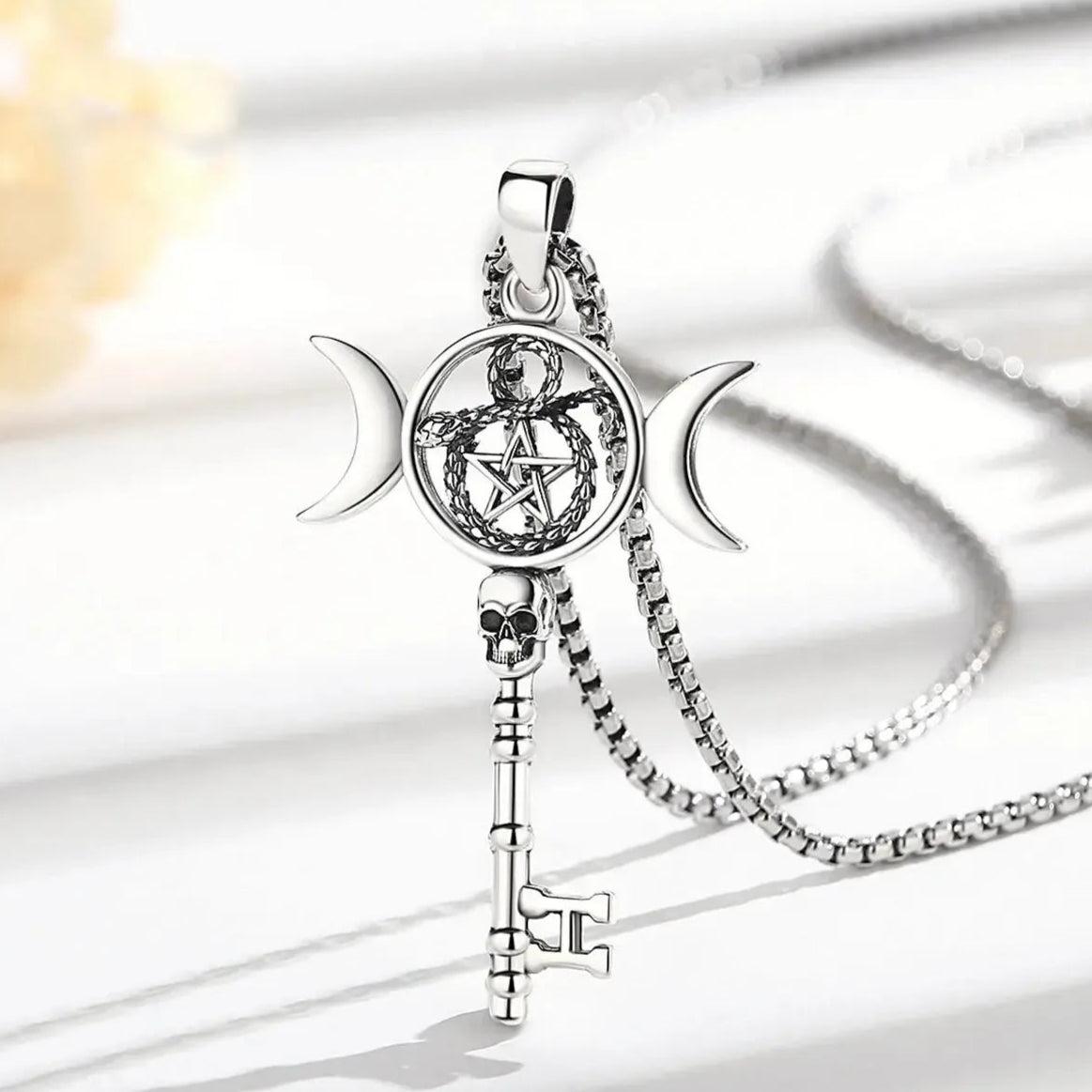 925 Sterling Silver Hecate Triple Moon Goddess Necklace Pentagram Snake Key Pendant Wicca Pagan Jewelry-MoonChildWorld