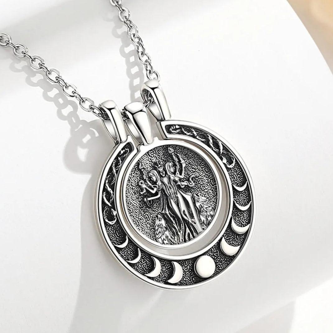 925 Sterling Silver Hecate Triple Moon Goddess Necklace Snake Moon Phases Wicca Pagan Jewelry-MoonChildWorld