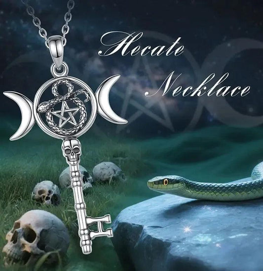 925 Sterling Silver Hecate Triple Moon Necklace Pentagram Snake Key Pendant Wicca Pagan Jewelry-MoonChildWorld