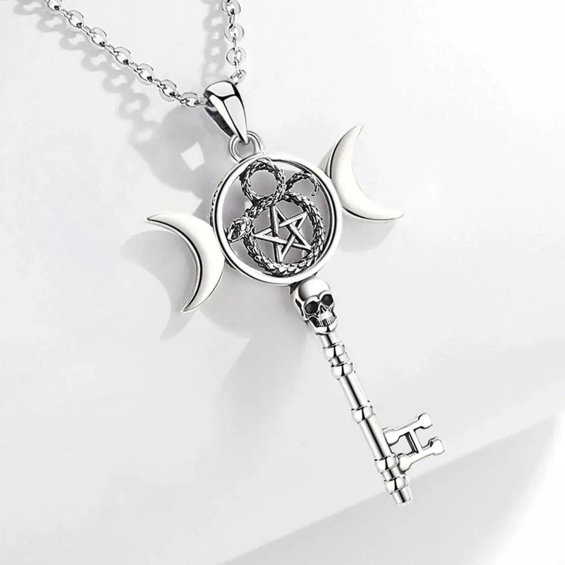 925 Sterling Silver Hecate Triple Moon Necklace Pentagram Snake Key Pendant Wicca Pagan Jewelry-MoonChildWorld