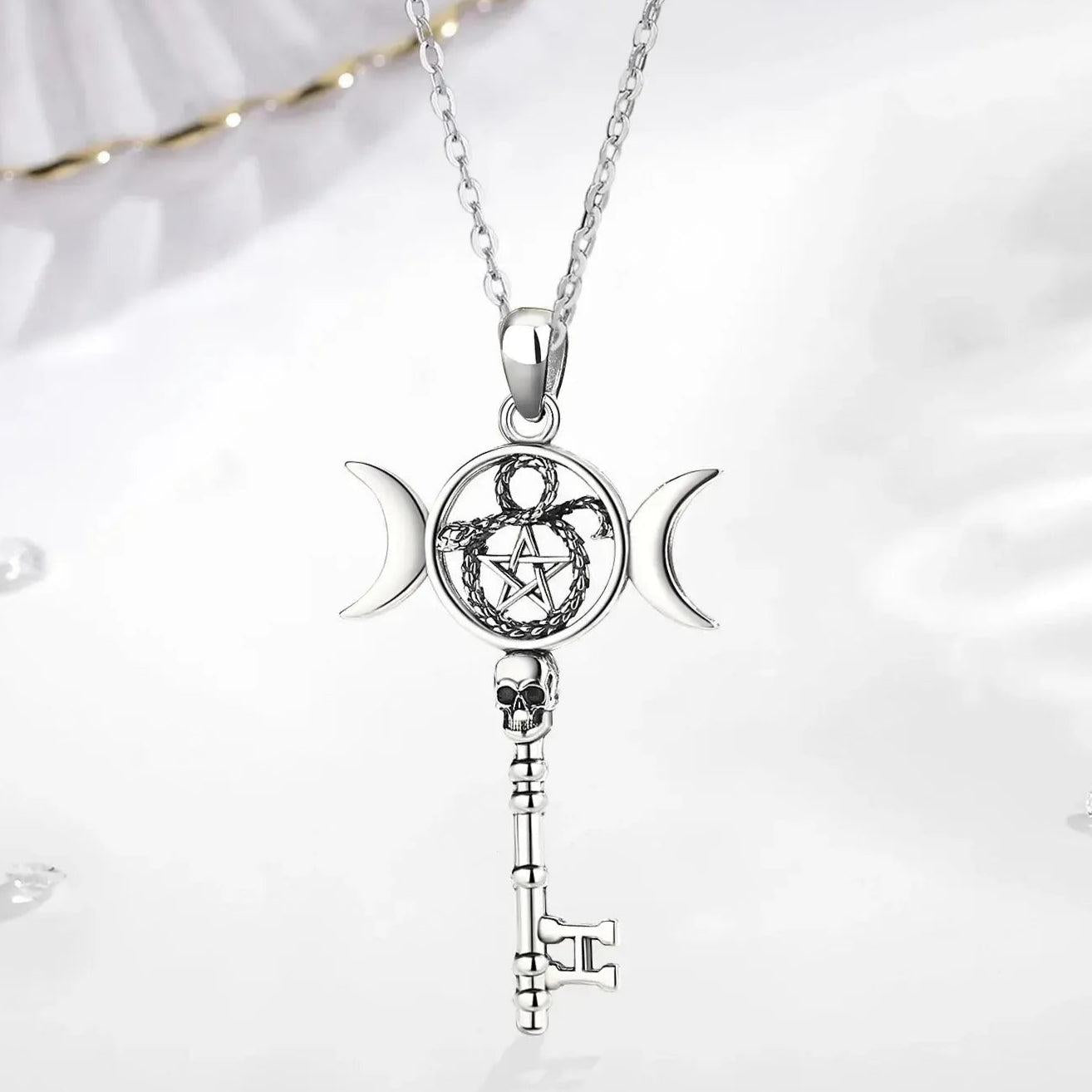 925 Sterling Silver Hecate Triple Moon Necklace Pentagram Snake Key Pendant Wicca Pagan Jewelry-MoonChildWorld