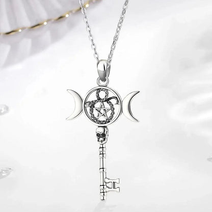 925 Sterling Silver Hecate Triple Moon Necklace Pentagram Snake Key Pendant Wicca Pagan Jewelry-MoonChildWorld