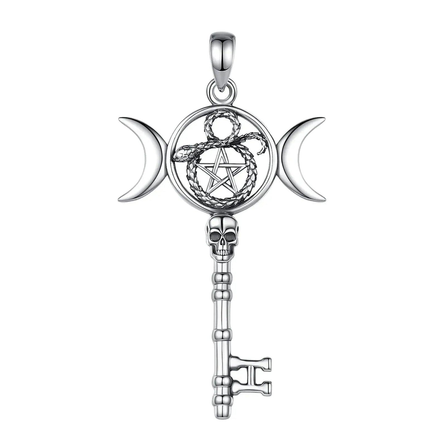 925 Sterling Silver Hecate Triple Moon Necklace Pentagram Snake Key Pendant Wicca Pagan Jewelry-MoonChildWorld
