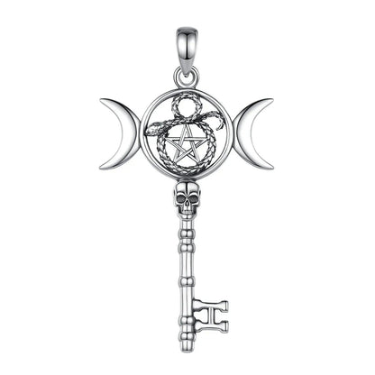 925 Sterling Silver Hecate Triple Moon Necklace Pentagram Snake Key Pendant Wicca Pagan Jewelry-MoonChildWorld
