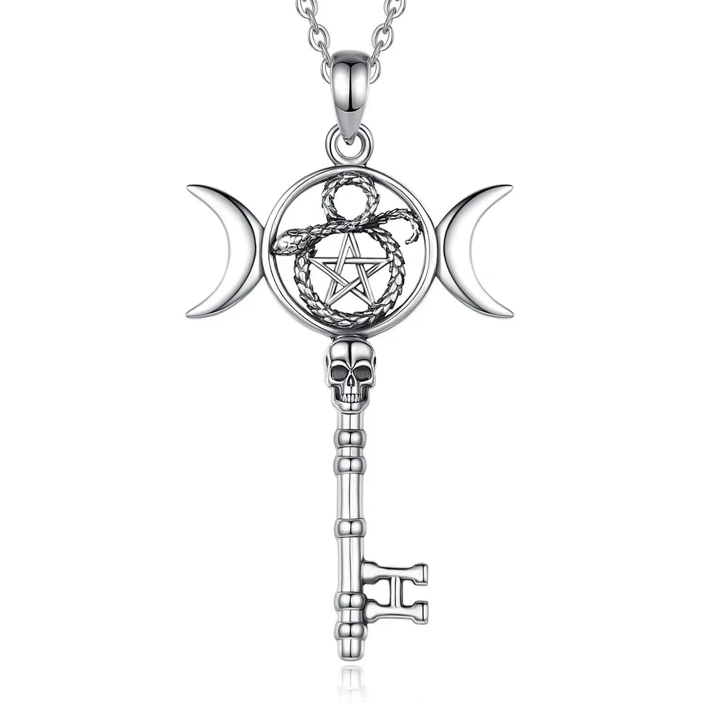 Sterling silver Hecate triple moon key pendant with pentagram, snake, and skull details.