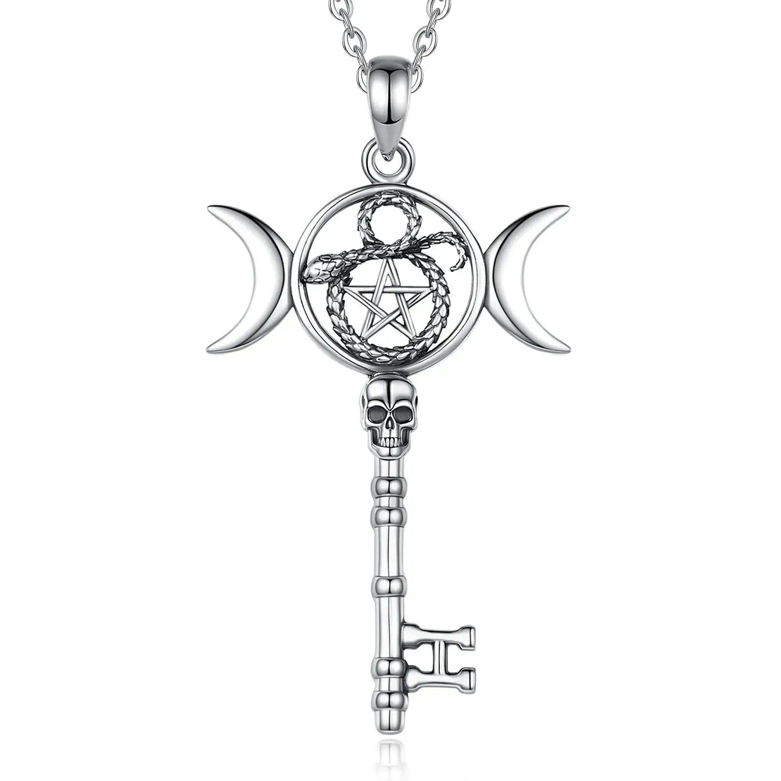 Sterling silver Hecate triple moon key pendant with pentagram, snake, and skull details.