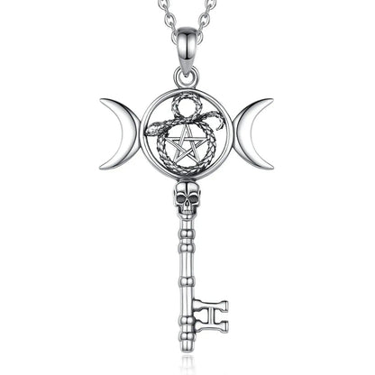 Sterling silver Hecate triple moon key pendant with pentagram, snake, and skull details.