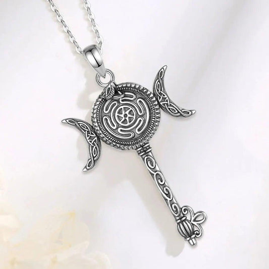 925 Sterling Silver Hecate Wheel Necklace Key Snake Triple Moon Goddess Pendant Pagan Witch Jewelry-MoonChildWorld